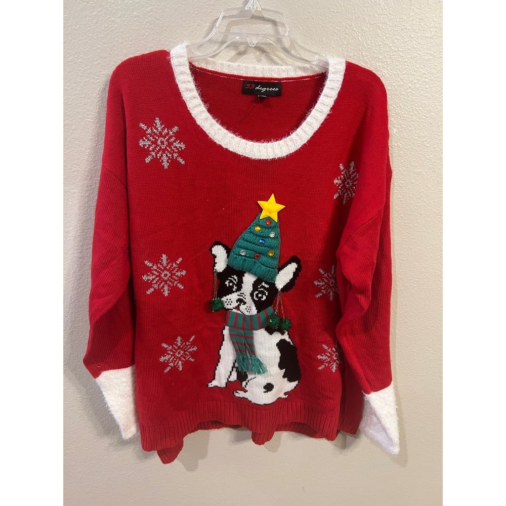 33 Degrees Red French Bulldog‎ Christmas Ugly Sweater Women's XXL Snowflake Tree